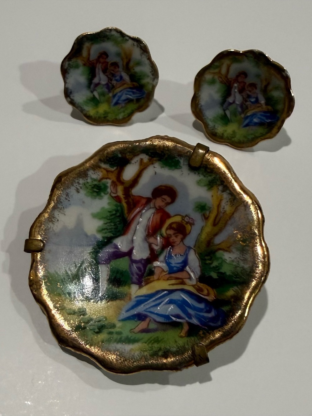 Vintage Limoge France Painted Miniature Plate Brooch and Earrings Set
